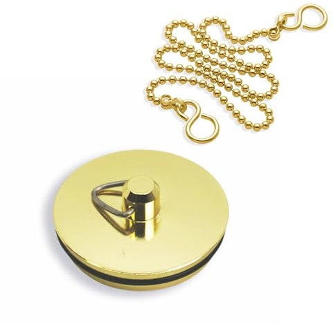 SISI UK ® Tappo per vasca/lavabo in metallo placcato ottone da 45 mm 1,3/4 con catena a sfera in ottone lucido da 18 e gancio a S