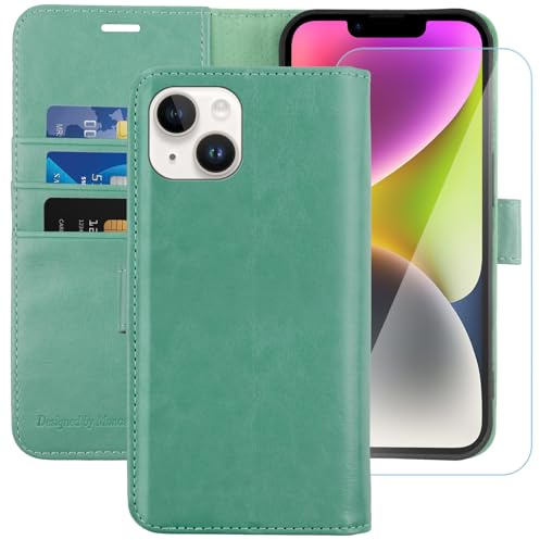 MONASAY Wallet Case for iPhone 14 with 3 Card Holders - Mint | Kickstand,RFID Blocking,6.6 feet of shock absorption,PU Leather, Strong Magnetic Closure, Fits 6.1 inch ONLY,Protective film