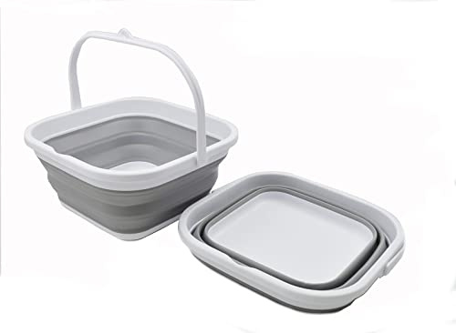 SAMMART 5,5 l zusammenklappbarer quadratischer handlicher Eimer/Faltbarer quadratischer Wassereimer/tragbare Wanne mit Griff. (Weiß/Grau (2er-Set))