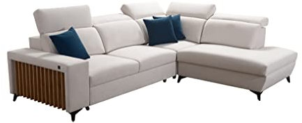 All4All Ecksofa mit Schlaffunktion Alicante VII - Sofa mit Bettkasten - Eckcouch L-Form - Verstellbare Kopfstützen - Schlafsofa - Sofa mit Lamellen - Beige - Rechte Seite (Seite RECHTS)