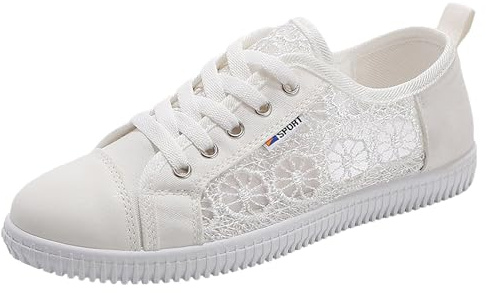 Jamron kvinnor flickor sommar broderi spets Plimsoll träningsskor snörning nät sneakers skor, Vitt, 38 EU