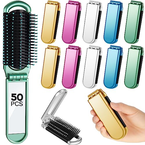 Uiifan 50 Pcs Folding Travel Brush with Mirror Bulk, Small Pocket Brush Compact Portable for Men Women, Bridesmaid Gifts, Stocking Stuffers, Party Favors (Purple,Green,Silver,Blue,Gold)