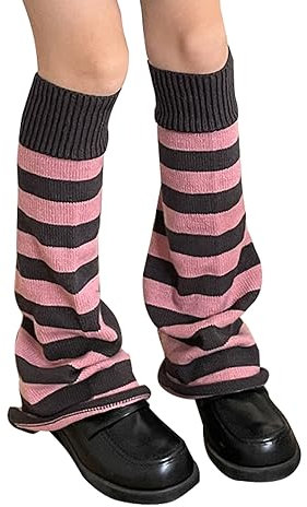 JUENAWMIU Gestreifte Stricksocken für Damen und Mädchen, über dem Knie, weites Bein, warm, gestrickt, Flor, Elefantensocken, Pink, Einheitsgröße
