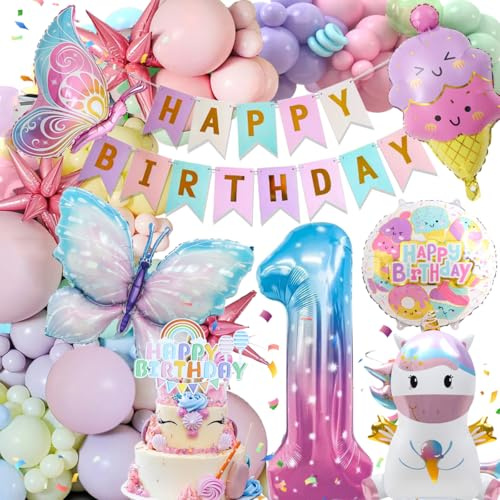 1 Jahr Geburtstagsdeko Deko Luftballons, Einhorn Deko, 1 Jahr Happy Birthday Deko, Einhorn Schmetterling Folienballon Geburtstag Deko