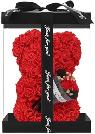 XIAOXIAOYU Oso de Rosas con Caja de Regalo Transparente, Oso de Flores Te- con Ramo de Rosas, Oso de Peluche de pétalos de Rosa para Mujer, Flores Artificiales, Regalo de San Valentín para