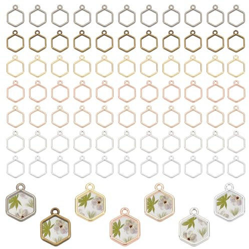 PH PandaHall 112 Stück 7 Farben Sechseck Lünette Anhänger 20x15 mm Offene Rückseite Lünette Charms Hohlrahmen Anhänger Lünette Tablett Anhänger Für DIY Harz Epoxidharz Ohrringe Armband