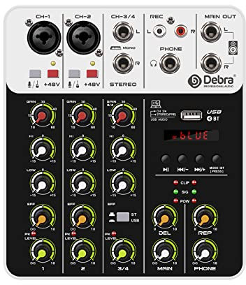 Professional Mixer,4 Channel Mixer con MP3/USB Bluetooth, alimentazione Phantom 48V,Stereo DJ Mixer per trasmissioni dal vivo,matrimoni,feste,registrazioni registrazione,streaming live (Bianco)