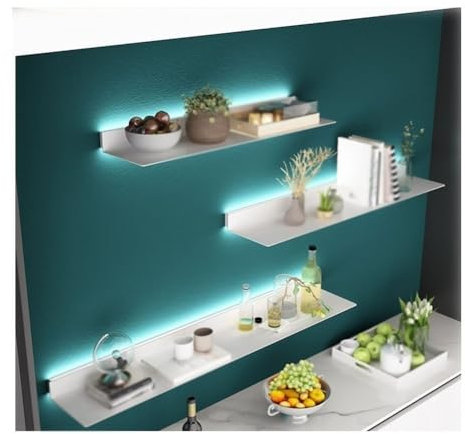 1pcs Metall Schwimmende Regale An Der Wand Montiert, Bild Dekorative Display Regal -Mit Eingebautem Beleuchtetem LED-Licht Für Schlafzimmer, Wohnzimmer, Badezimmer, Küche ( Farbe : Weiß , Größe : 31.4