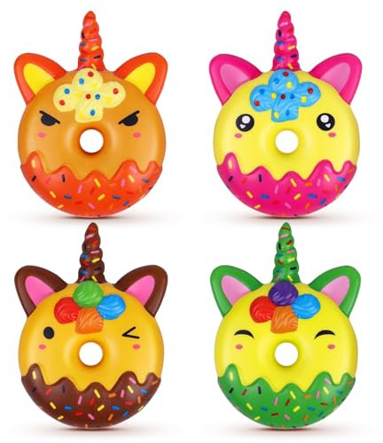 Anboor 4 Stück Squishies, niedliche Einhorn Donut Squishies, langsam aufsteigende Lebensmittel Squishies zur Stressreduktion für Kinder, Tier-Schaum-Squishies-Spielzeug als Geburtstagsgeschenke