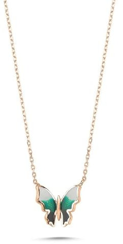 Einzelstück® Halskette mit Schmetterling Anhänger I 925 Sterling Silber mit 14K Roségold vergoldet I Silberkette mit Handmalerei I Lime Butterfly I Antiallergen & Nickelfrei