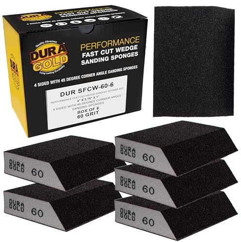 Dura-Gold 60 Grit 4-Sided Hand Sanding Block Sponges with Angled Edge, Box of 6 - Performance Flex 3.9 x 2.75 x 1 Wet or Dry Flexible Sandpaper Abrasive Pads - Sand Wood, Drywall, Metal Auto Paint