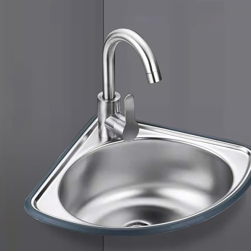 Yuezouikl 34X34cm Lavello A Una Vasca 304 in Acciaio Inox Lavamani,Lavello Angolare A Parete Lavello da Cucina A Triangolo con Miscelatore Caldo E Freddo per Ambienti Interni Ed Esterni,Argento
