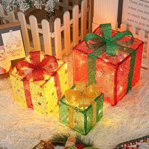 OVOISSTIY LED Cajas de Regalo Navidad con Luces, Juego de 3 Cajas Decorativas Navidad Luz 8 Modos con Control Temporizador, Caja Regalo Iluminadas para Decoración Navideña Árbol, Fiesta