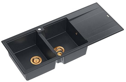 QUADRON Evier double noir, EVAN 121 Diamant Noir, GraniteQ, Evier de cuisine, 2 bacs en granit en 1160 x 500 x 210 mm, Evier ouvert Push 2 avec siphon avec égouttoir, éléments en cuivre PVD
