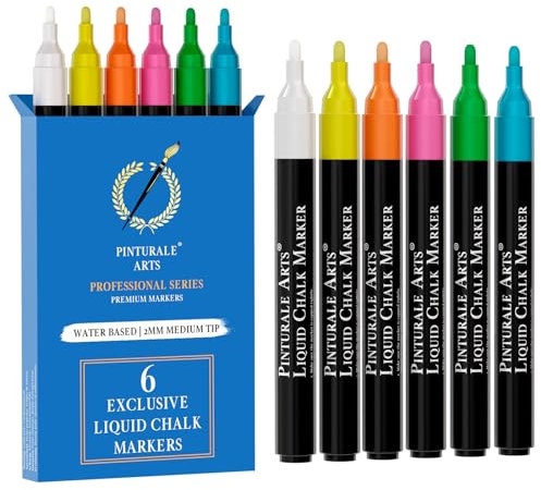 Pinturale Arts® Set 6 Kreidestifte Für Tafel Abwaschbar | 2mm Spitze | Kreidestifte Für Fenster, Glas, Metall, Keramik | Chalk Marker, Kreidestift, Fensterstifte Abwaschbar