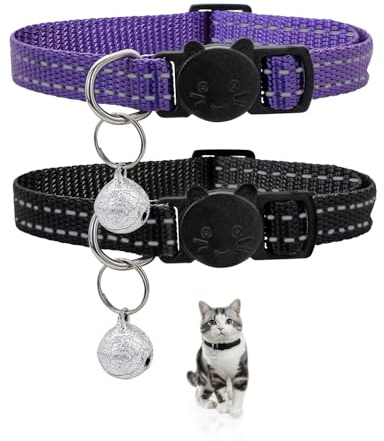 LuckyOpt Collar para gatos, 2 unidades, collar reflectante para gatos con cierre rápido seguro y hebilla Breakaway y campana, collar ajustable de 22-35 cm para gatos y perros (morado + negro)