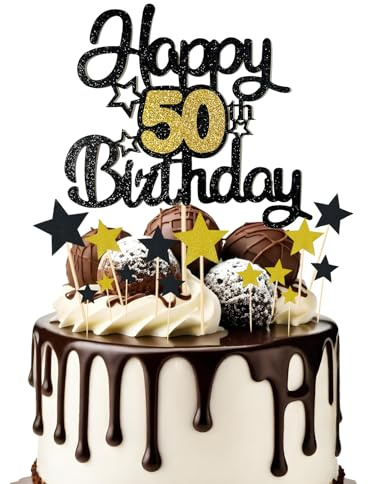 Bliceon Happy 50th Birthday Cake Topper, Black and Gold Glitter 50 Cake Topper with Stars, Personalised Birthday Decorations for Men Women, Anniversary Party, Cupcakes Supplies