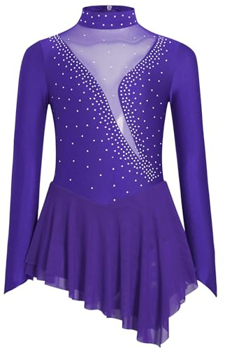 inhzoy Abito da Pattinaggio Artistico Bambina Balletto Leotard Manica Lunga Vestito Ballo Latino Tango Body Danza Classica Ballerina Costume da Danza Samba Salsa Dancewear Viola 9-10 Anni