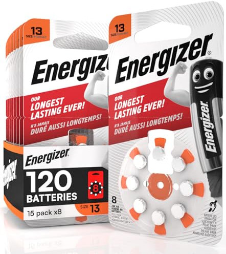 120 Batterie Acustiche Energizer per Apparecchi Acustici Auricolari Misura 13 Arancione Senza Mercurio - 15 Confezioni da 8 Pile