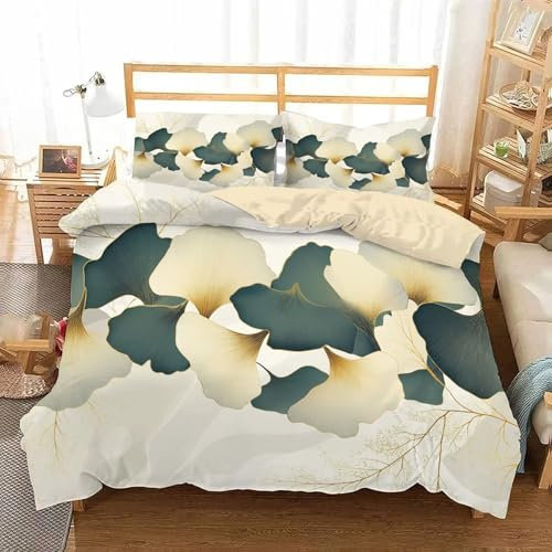 JEDTAKCT Reversibel Bettwäsche 135X200 Winter Luxus Ginkgo Blatt Druck Bettwäsche Wintermotiv Abstrakte Pflanzen Weihnachts-Bettwäsche 135X200 + 80X80 cm - Winterbettwäsche Microfaser