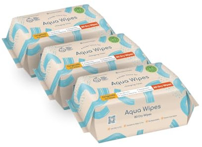 New Dry Face Wipes by Aqua Wipes - Biodegradable, Plastic Free Wipes. Makeup Remover Disposable Towels – Textured Cotton-Soft Dry Face Cloths. Kind to Skin & Baby. 240 Wipes - 80 Wipes Pack, 3 Packs