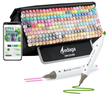 AEDAGA 240 Couleurs Feutre a Alcool avec App Marqueurs Alcool Double Pointe | Pointe Biseautée et Fine | Étui Autoportant | Twinmarkers |Non Toxique Feutres Coloriage Adulte |Peinture, Croquis et Dessin