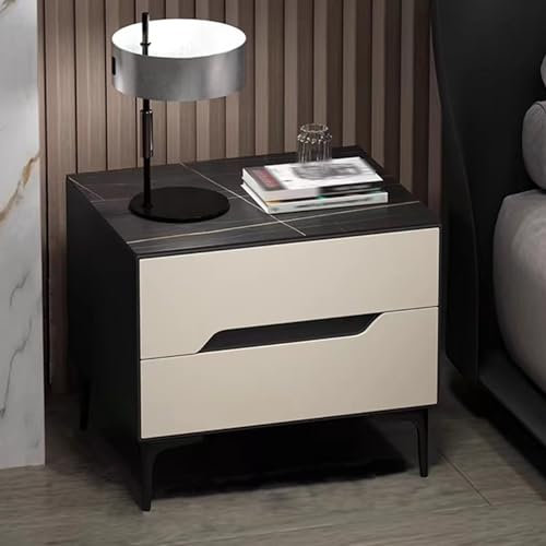 Bedside Table with 2 Drawers, Bedside Table with Leather Finish, Slate Shelves, Carbon Steel Legs, Storage Table for Bedroom Living Room (Black+Off-