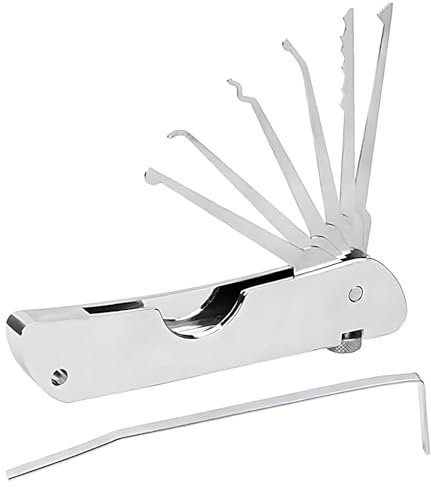 7in1 Lock Picking Kit Portable Folding Tool, Stainless Steel Single Hook Picks Locksmith Repairing Tools, Multitool with Secure Quick Openers