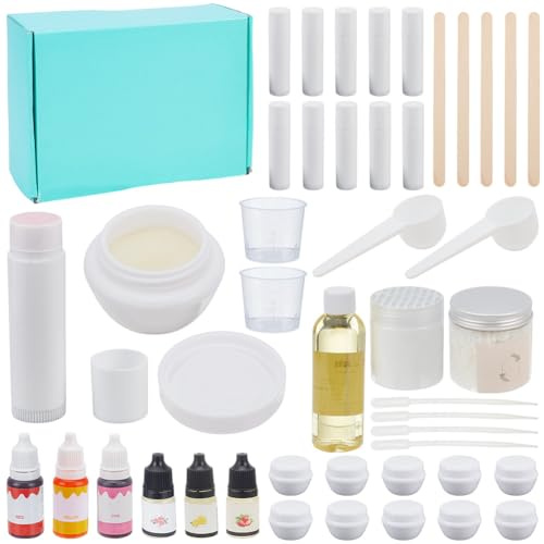 WEBEEDY DIY Lippenbalsam Kit, 53 Pcs Natürliche Feuchtigkeit Erwachsene DIY Lipgloss machen Kit mit Bienenwachs, Shea Butter, ätherisches Öl, leere Lippenbalsam Röhren Gläser