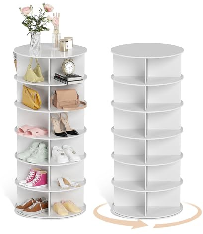Tcatec Drehbares Schuhregal, 6 Etagen Schschrank, 360 Grad Rundes Schuhständer, Vertikal Standregal Lagerregal Drehbar Schuhschrank-Organisation, Organizer Platzsparend, Display-Ständer - Weiß