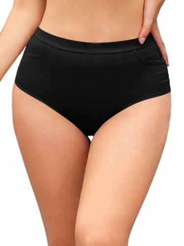 SHEKINI Damen Bikinihose High Waist Bauchweg Bikini Hose Mäßige Abdeckung Bikinislip für Frauen Badehose Bikini Slip mit Taschen Bikinihosen