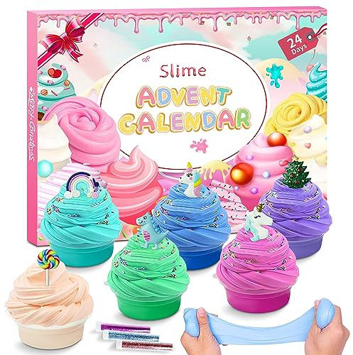 Schleim Adventskalender 2025 für Kinder,24-Tage-Countdown Slime Weihnachtskalender Kinder,12 Stück Weihnachten Überraschungen Geschenk Schleim Kit für 3 4 5 6 7 8 9 10 11 Jahre Jungen Mädchen (Pink)