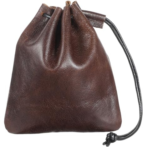 HJZHII Lederbeutel Aufbewahrungstasche, Retro Rindsleder Münzbeutel | Kordelzug Geldbörsen Aus Leder Münzbörse Geldbeutel für Schmuck Kopfhörer(Mittel)
