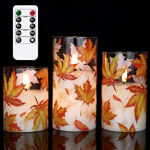 Eldnacele Maple Leaf Glass LED Candles with Remote, Autumn Decor, 3 Pack | Flameless Candles, Battery Operated, Flickering LED Flame, Maple Leaf Pattern, Timer Function, Autumn Decorations