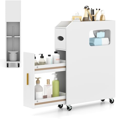 COSTWAY Armario Auxiliar de Baño con Ruedas Bloqueables, Mueble de Baño Estrecho con Cajón Deslizante, Caja de Pañuelos, Soporte para Cepillo de Inodoro para Cocina Salón, 50 x 16 x 69 cm (Blanco)