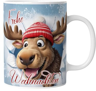 Tasse Frohe Weihnachten | Elch | Personalisiert mit Namen – lustige Tiere, Geschenkidee für Männer, Frauen, Kinder, Mädchen, Jungen, 3D Illusion Wintermotiv Schnee Cartoon