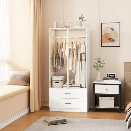 Liuyoyo Modern garderob med LED-belysning och dörrar av härdat glas, utrustad med en klädstång och två lådor, tillverkad av högkvalitativ MDF och spånskiva, vit