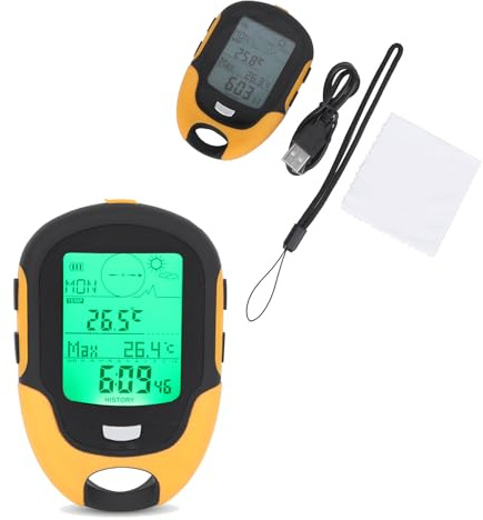 Agatige FR500 Altímetro Multifuncional para Coche, barómetro, termómetro, higrómetro y brújula con pronóstico del Tiempo, Linterna y grabación de Datos para Senderismo, Escalada, Camping