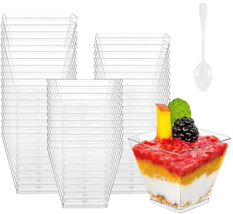 Leseed 100-Pack Återanvändbar åTeranväNdbara 60 Ml Plastdessertkoppar med 100 Dessertskedar, LäMpliga föR Puddingar, Mousser, Glass etc. Fyrkantig Design, Perfekt föR FöDelsedagsfester (Transparent)