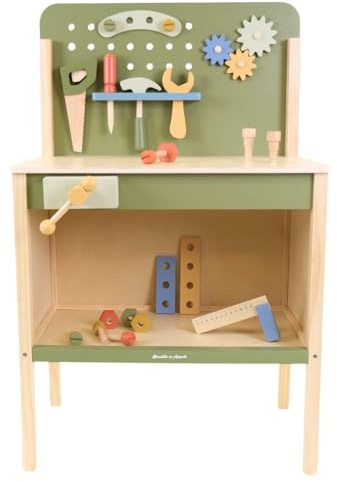 Bandits & Angels Kinderwerkbank Holz Little Worker Retro-Grün ab 3 Jahren – Kinderwerkbank aus Holz – Arbeitshöhe 55 cm – Inkl. Werkzeug – Inkl. Zubehör – Stauraum unter der Arbeitsfläche
