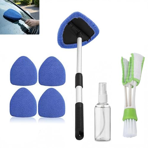 Kit Completo de Limpieza de Parabrisas y Ventanas 180° - Cepillo Extensible de Aluminio con 5 Almohadillas de Microfibra Reutilizables y Pulverizador para Autos y Superficies Lisas