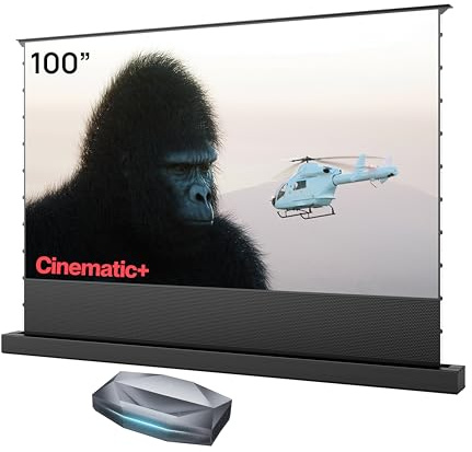 AWOL VISION Aetherion Max + Écran ALR motorisé au Sol 100 – Projecteur à Ultra Courte focale 4K UHD HDR10+, Dolby Vision et Dolby Atmos, Triple Laser RGB pour Home cinéma et Gaming