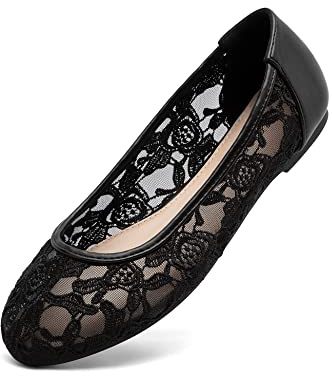 Greatonu Ladies Black Lace Ballet Flats Cut Out Ballerina Pumps for Women 4 UK/37EU