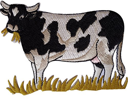 ELLU Kuh-Aufnäher, bestickt, zum Aufnähen auf Kleidung, Bauernhoftier-Stickerei, 8 cm breit und 6,2 cm hoch, 1 Stück, Tiermotiv, Dekoration, Patch, Aufbügeln