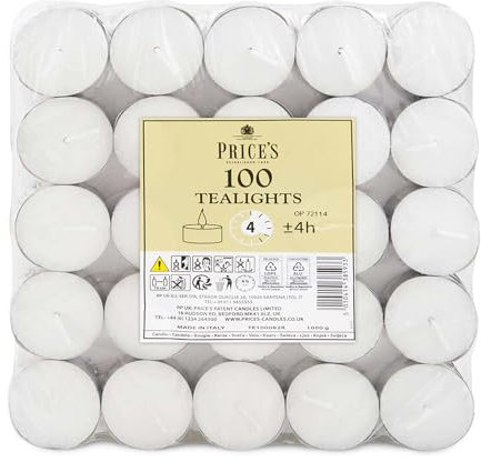 Price's Candles 100 Pack 4 Hour Tea Light Candles | Vegan & Kosher Friendly Long Clean Burn Unscented Tea Lights for Everyday Use | Great for Everday Use, Wax Melt Burners & Food Warmers