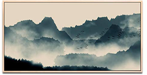Berge mit Nebel ca. 130x70cm Wandbild inklusive Schattenfugenrahmen naturfarbend - Panorama Leinwand Bild XXL Format Wandbilder Wohnzimmer Wohnung Deko Kunstdrucke