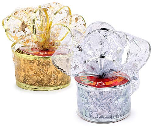 VINFUTUR 2×10 Yard Weihnachtsband mit Draht Geschenkband Schleifenband Glitzer Organzaband Gold Silber Dekoband für Weihnachten Geburtstag Hochzeit Party Geschenkverpackung DIY Handwerk Basteln Bänder