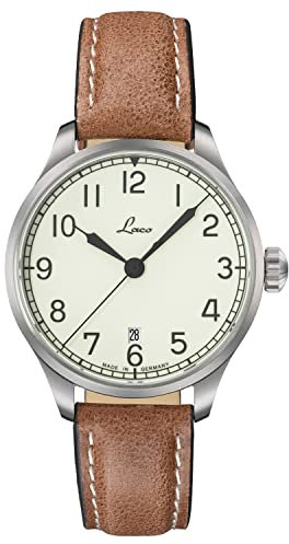 Laco Marineuhr Valencia, Damen- u. Herren Armbanduhr, braunes Lederband, Saphirglas, Ø 39 mm, Miyota 821 A/8217 Automatik, inkl. Etui - 862090