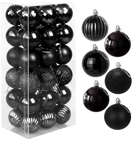 Favuit Christbaumkugeln, 4cm 36er Weihnachtskugeln Set Kunststoff Baumschmuck Christbaumschmuck Weihnachtsbaumschmuck Weihnachtsbaumkugeln Dekokugeln Kugeln Weihnachten(Schwarz)