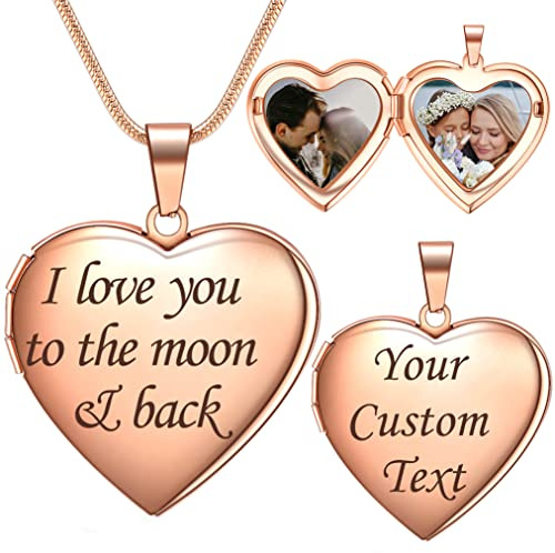 Farfume Personalisierte Foto-Medaillon-Halskette – Herz Medaillon mit Gravur Text und 2 Zwei Fotos – Kette mit Bild （Glossy-Rose Golden）
